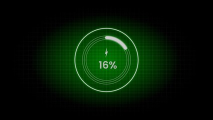 Green futuristic circular progress bar at 16 percent with lightning bolt symbol loading