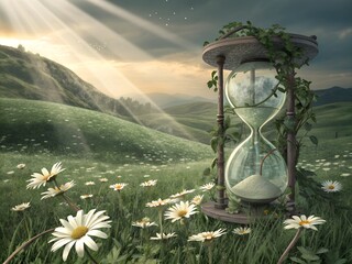 time is time In a secluded green valley, glowing white daisies sway around a half-buried hourglass made of crystal and vines. The sand glows faintly, synchronized with the flowers' bioluminescence. Su