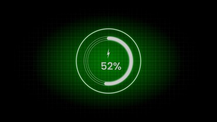 Green futuristic circular progress bar at 52 percent with lightning bolt symbol loading
