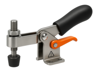 Low-profile toggle clamp with a plastic-coated handle for use in a plastic injection molding facility