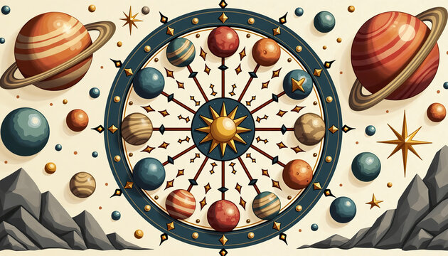 Artistic astrological wheel featuring planets and celestial bodies centered around the sun, set against a cosmic backdrop with mountains