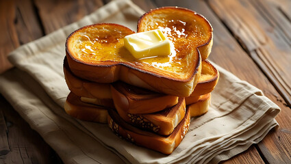 Stack of Golden-Brown French Toast with Melting Butter on Rustic Wooden Table