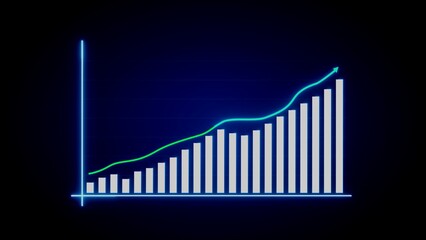Neon blue graph with green line chart showing upward financial growth on black background