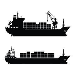 Obraz premium Cargo ships with containers in silhouette and colored versions side by side