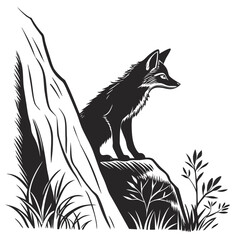 Fox peeking from behind rock silhouette