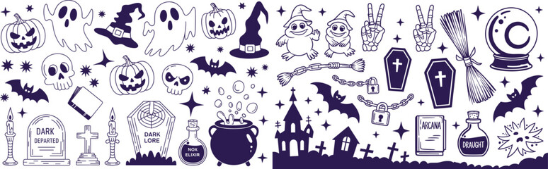 Obraz premium Intricate Halloween silhouette pattern featuring pumpkins ghosts bats witches coffins cauldrons gravestones castles skulls and moonlit decorations on a dark purple background