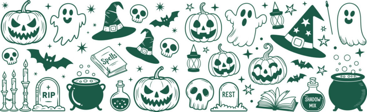 A playful Halloween illustration featuring pumpkins, ghosts, skulls, witches, cauldrons, spellbooks, candles, bats, stars, tombstones and magical motifs in a teal-on-black pattern.