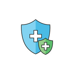 Medical protection and security concept with blue and green shields and crosses