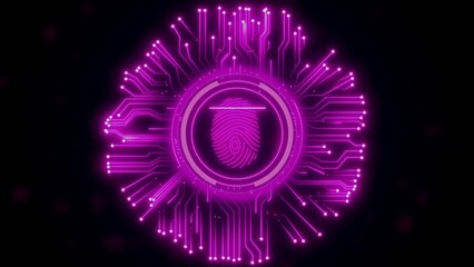 Neon Pink Fingerprint and Circuit Board Pattern on Dark Background with Bokeh Effect Keywords: fingerprint, security, digital, technology