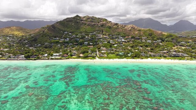 Aerial View of Lanikai Beach and Oahu Island, Hawaii USA, Drone Shot