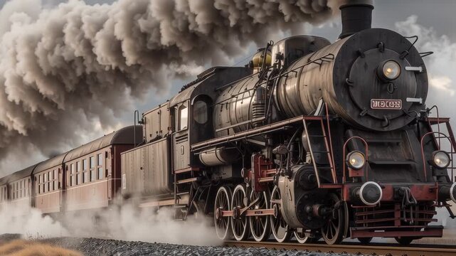 Vintage steam locomotive chugging along tracks, releasing clouds of smoke in a dynamic motion sequence