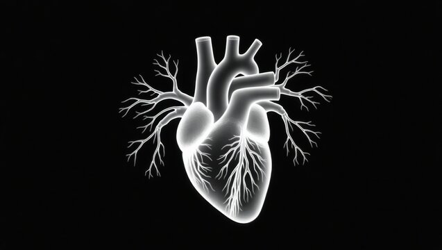 Rayos X del coraz&oacute;n y las arterias humanas, ilustraci&oacute;n anat&oacute;mica educativa, que resalta el sistema circulatorio para el aprendizaje m&eacute;dico