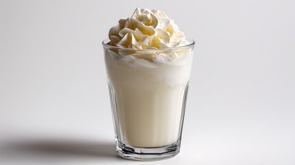 Creamy Cold Beverage Topped with Whipped Delight, Served in a Clear Glass on a Minimalist Background