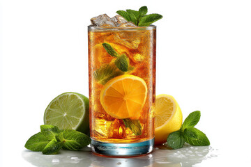 Fototapeta premium Iced lemon tea with fresh mint leaves and citrus slices in tall transparent glass, surrounded by lime, lemon, and mint on white background, refreshing and cool drink