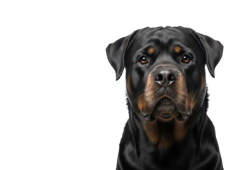 Majestic adult Rottweiler with deep charcoal fur, intense gaze, on pristine bright white studio background with copy space. Concept of loyal canine guardianship