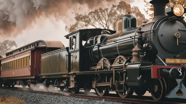 Vintage steam locomotive chugging along scenic railway, billowing smoke and surrounded by autumn foliage