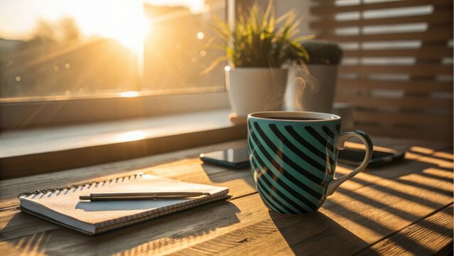 Morning sunlight streams through window onto desk with coffee and notebook