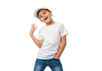 Smiling Child in White T-Shirt and Cap Holding Up Four Fingers Isolated on White Background