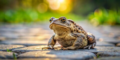 Obraz premium A solitary amphibian basks in the golden hour light, perched upon a stone pathway amidst a vibrant green landscape