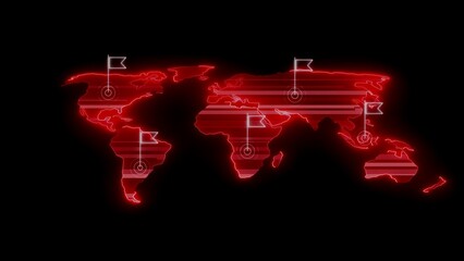 World Map with Red Neon Outline and Flag Markers on Black Background global geography ©                  M.G