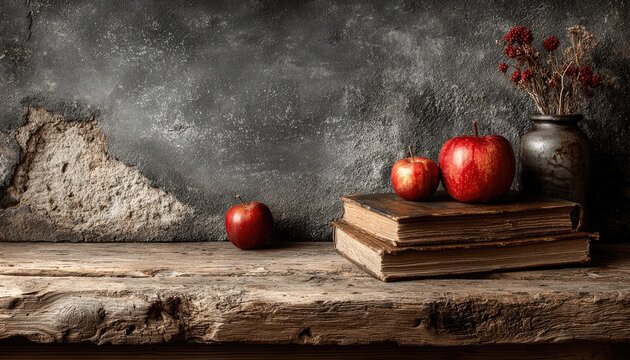 Black chalkboard on wooden table with a book and apple, school theme background - Powered by Adobe