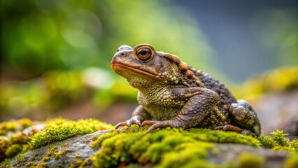 Obraz premium A solitary amphibian rests on a mossy rock, basking in the soft light of a verdant forest