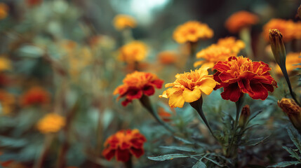 Vibrant marigolds in shades of yellow and deep orange bloom beautifully in a garden, set against a softly blurred background that enhances their rich colors.