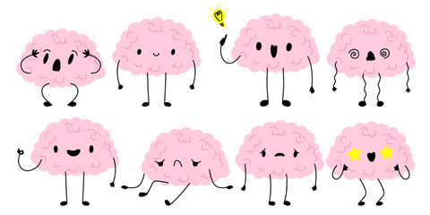 Happy tired burnout depression brain cartoon character. Brain with low charge, depression, burnout, lack energy and power with high energy. Stock vector illustration isolated on white background.