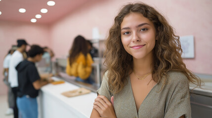 Portrait of a smiling young woman with curly hair patiently waiting her turn in a blurred food court