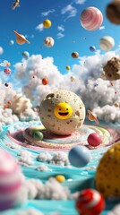 Obraz premium Whimsical fantasy scene of smiling emoji planet surrounded by colorful candy-like spheres floating in surreal cosmic sky
