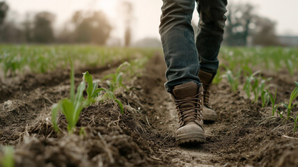 Farmer wearing sturdy boots walking through cultivated cornfield rows, carefully inspecting young sprouts emerging from the rich soil