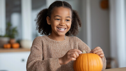 African american girl attaching playful googly eyes onto orange pumpkin, crafting whimsical Halloween decoration