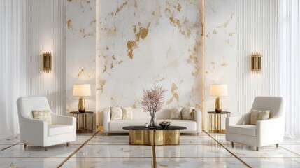 Interior rendering of a luxury living room with marble walls, gold accents, and stylish furniture