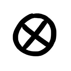 Obraz premium A hand-drawn black circle with an 'X' inside is centered on a solid white background, with a bold, imperfect outline