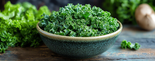 Fresh kale served in a ceramic bowl, perfect for healthy salads or as a nutrient-rich ingredient in meals.