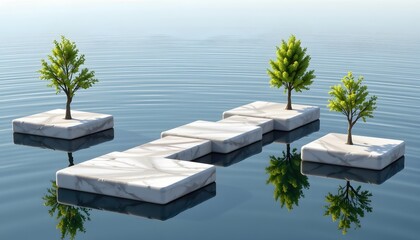 an ultra realistic 3d render of floating marble like slabs connected as a walkway, each topped with small trees, reflecting softly on calm water.