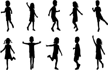 Obraz premium Children dancing silhouette. Male and female kid activity. Good use for symbol, logo, web icon, mascot, sign, sticker design, element, or any design you want. Easy to use