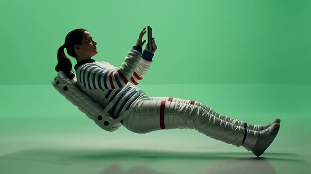 Weightless Astronaut Using Smartphone on Green Screen