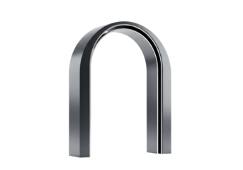 Sleek, futuristic archway crafted from deep charcoal grey engineered alloy with metallic sheen, precision-cut, perfectly symmetrical, isolated on transparent background, concept of modern precision