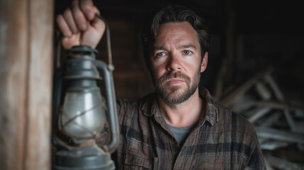 Worried farmer holds a lantern in a dark, abandoned cabin, illuminating his face and the debris around him