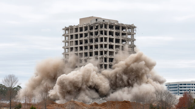 Concrete fragments bursting, demolition crew dismantling urban structure with heavy machinery, gray skies capturing structural collapse moment