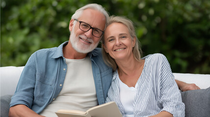 Mature couple reading together, relaxing on patio furniture with warm sunlight, sharing peaceful moment in lush garden setting