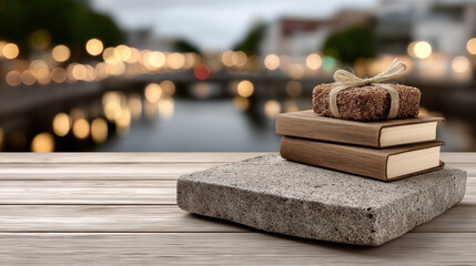 Stacked Books and Gift Box: Wooden textured background and stone base with a blurred background of river with building background and decorative lights on top.