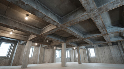 Concrete ceiling reinforced with steel props supporting ongoing construction, revealing industrial interior lighting and structural framework