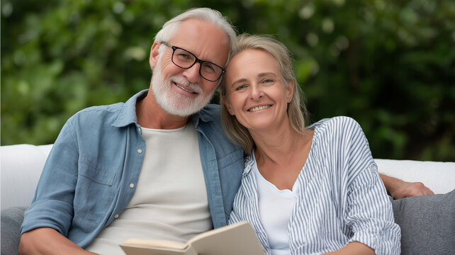 Mature couple reading together, relaxing on patio furniture with warm sunlight, sharing peaceful moment in lush garden setting