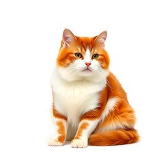 Chubby red and white cat sitting on white background