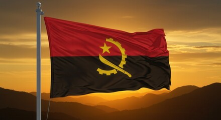 Angola National Flag Waving on Mountain Peak at Dramatic Sunset Sky