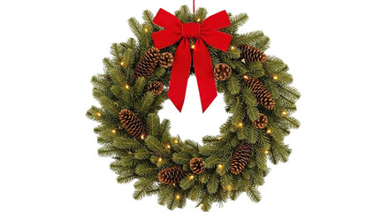 Christmas wreath with red ribbon, and twinkling lights on white transparent background, PNG