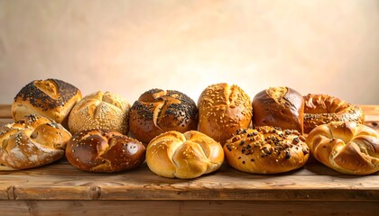 Freshly baked artisan bread rolls assortment on wooden table bakery product display
