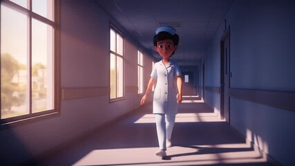 Animated female nurse walks sunlit hospital corridor - Powered by Adobe